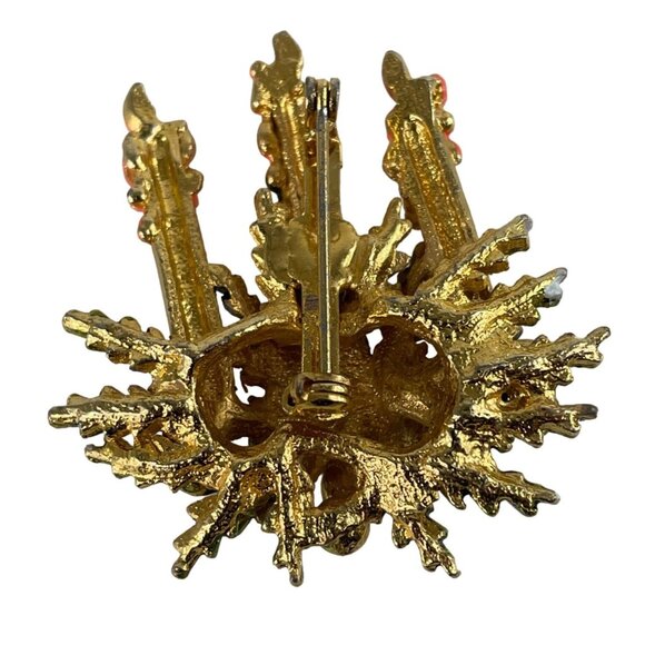 Triple Christmas Candle Brooch Lapel Pin Multicolor Rhinestones w/Greenery - Picture 7 of 12